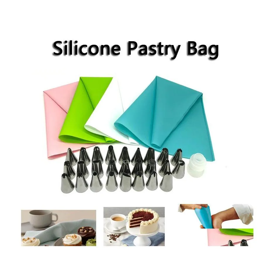 Attrezzi per torte 26Pcs / Set Sile Punte per sac à poche da cucina Cucina Fai da te Glassa Pi Crema Sacchetti riutilizzabili con 24 ugelli Decorazione Vt0456 Drop Delivery Ho Dhn3F