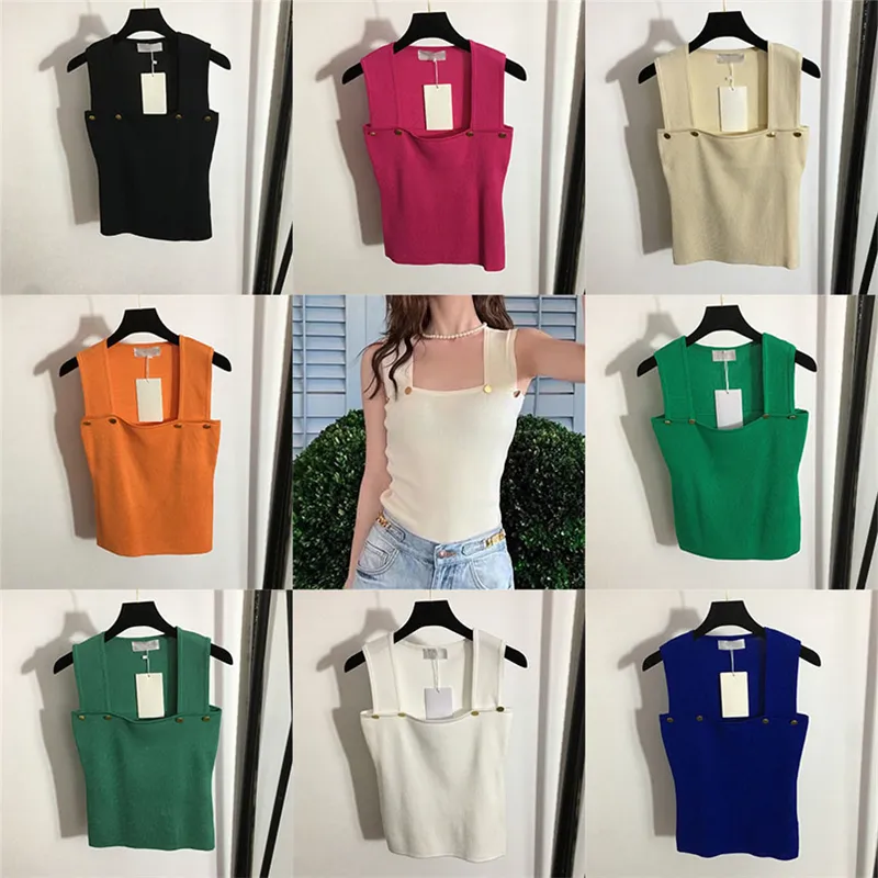 Briefknopf gestrickte Weste Tanks T -Shirts für Frauen Mode quadratische Nackenstrickpullover Designerin Ärmel und Tops T -Shirts