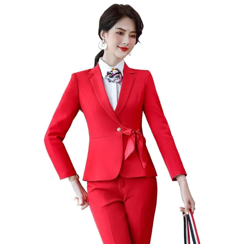 Women's Two Piece Pants Elegant Women Pant Suit With Bow For Airplane Work 2 Set Spring Autumn Fall Red Black Ankle Length Trouser And Coat