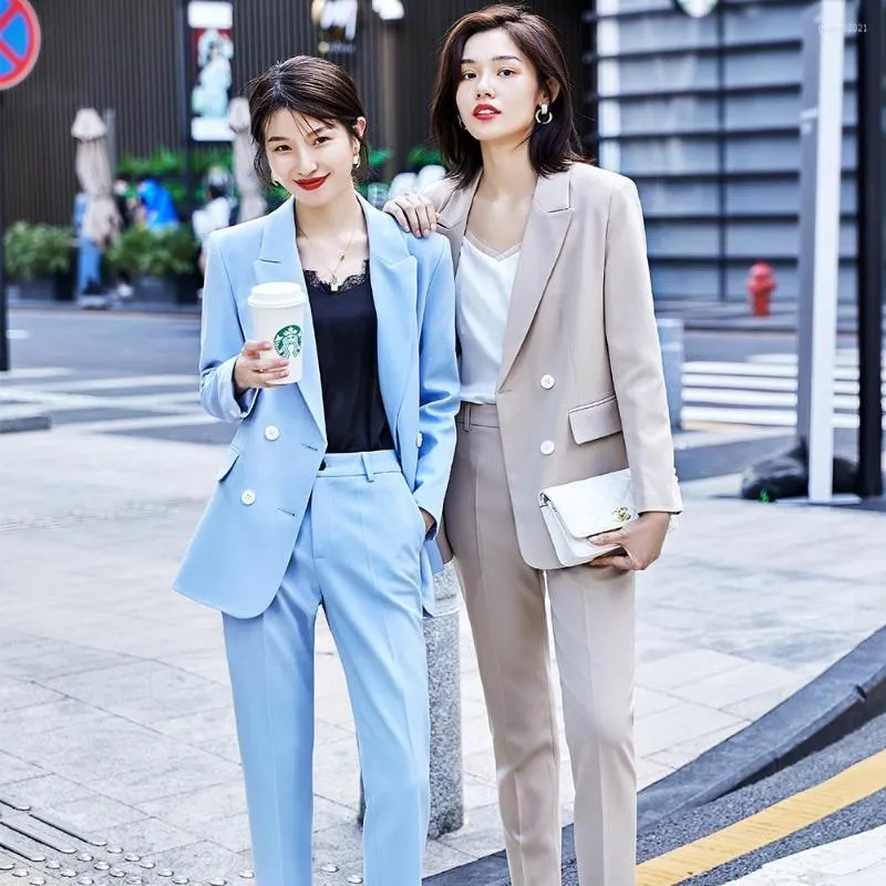 Womens Two Piece Pants Fashion Women Office Ladies Formal Pant Suit Apricot Black Blue Business Interview Work 2 Set Loose Blazer and