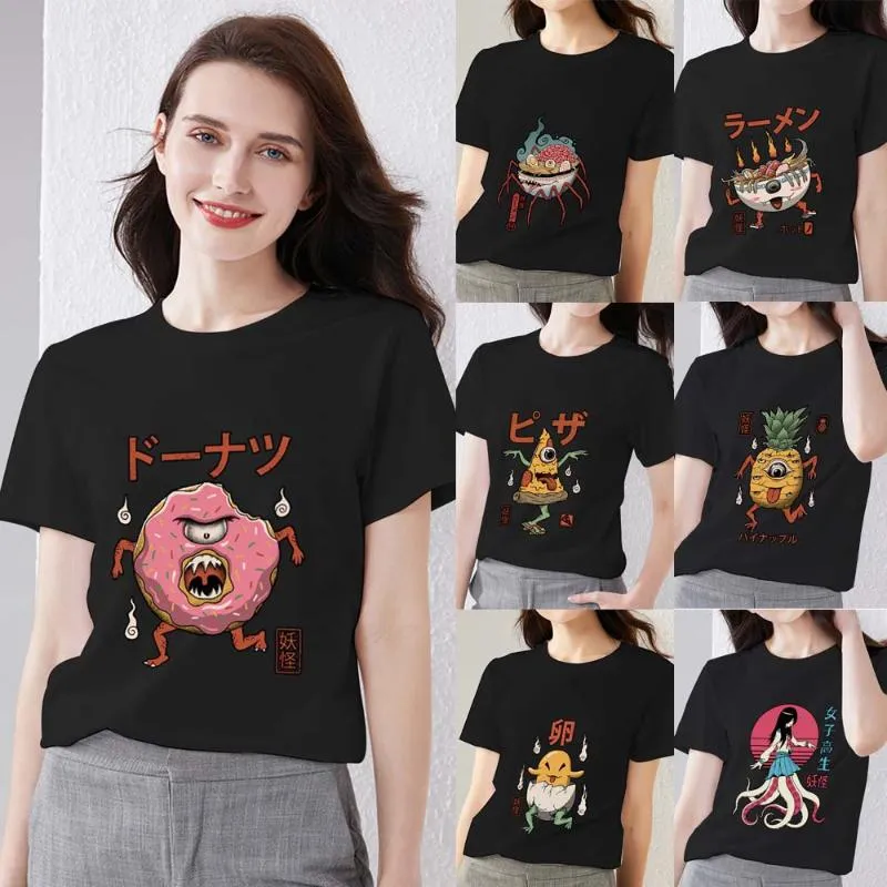 女性用Tシャツトップカジュアルベーシックラウンドネックスリムな女性服かわいいモンスター印刷シリーズレディース通勤黒いシャツ