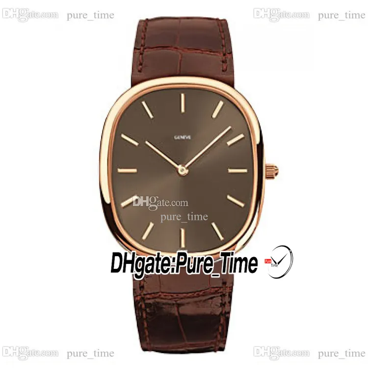 35,6 mm Golden Ellipse 9015 Montre automatique pour homme 3738/100R-001 Cadran marron Boîtier en or rose Marqueurs de bâton Bracelet en cuir marron Montres pour hommes PureTime PTPP E261E 1