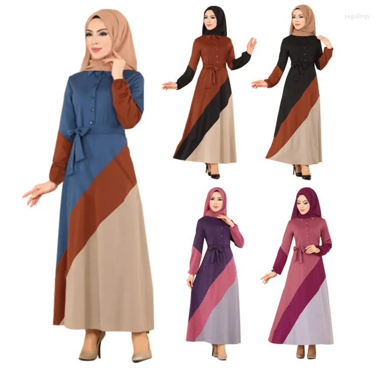 Ethnic Clothing Muslim Islamic Traditional Stitching Color Contrast Long Skirt Lapel Buckle Lace Up Dress Malay