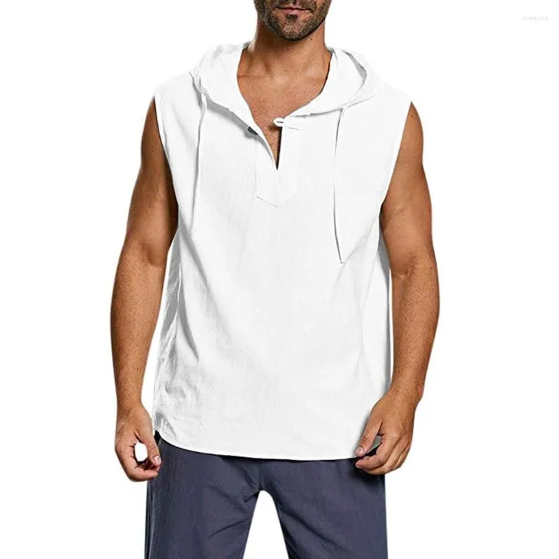 Canotte da uomo KANCOOLD Top larghi in cotone e lino con bottoni solidi da spiaggia senza maniche con cappuccio camicia da allenamento da uomo Streetwear