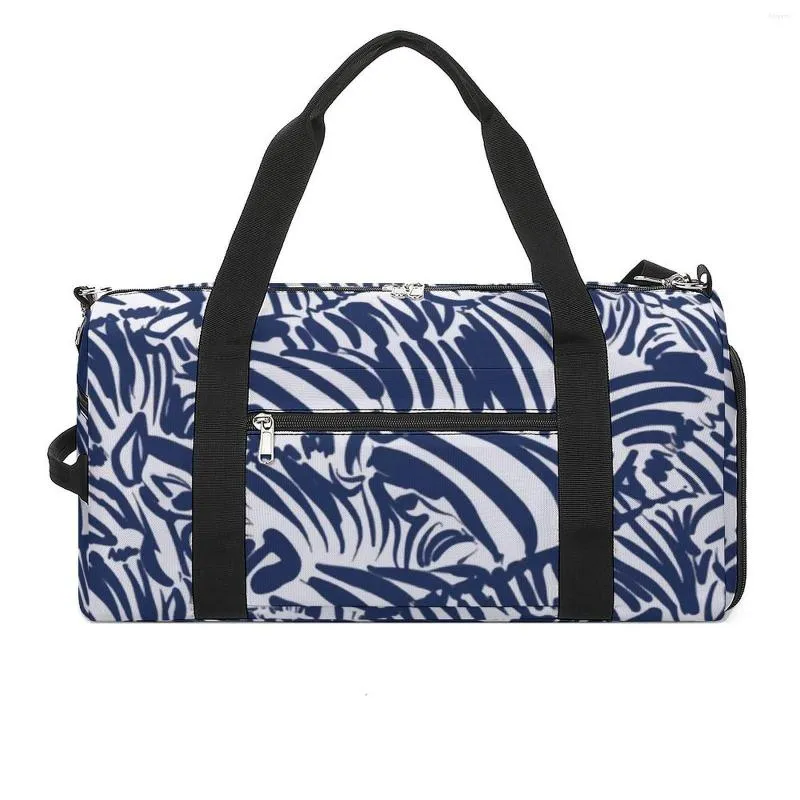 Outdoor-Taschen, Zebra-Streifen, Marineblau, Sporttasche, abstraktes lustiges Tier, männlich, weiblich, Reisen, Fitnessstudio, Schuhe, Fitness-Handtaschen