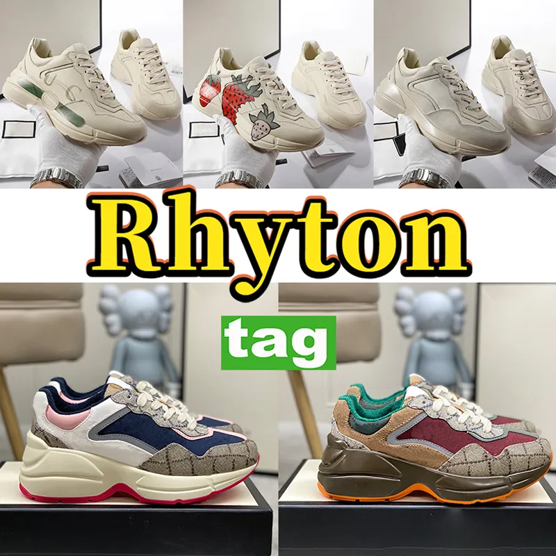 Designer Rhyton Casual Shoes Herr sneaker Rhytons dam skoplattform Chunky Leather Printed Sneakers marin vit röd khaki beige canvas vintagebehandlade sneakers