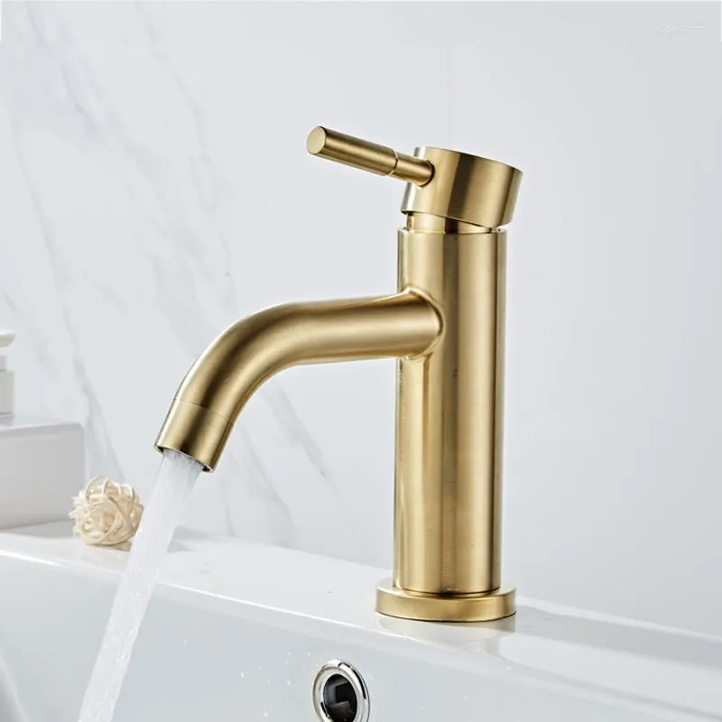 Bathroom Sink Faucets Basin Faucet Deck Mounted Cold And Water Mixer Tap Single Handle 304 Stainless Steel Brushed Gold