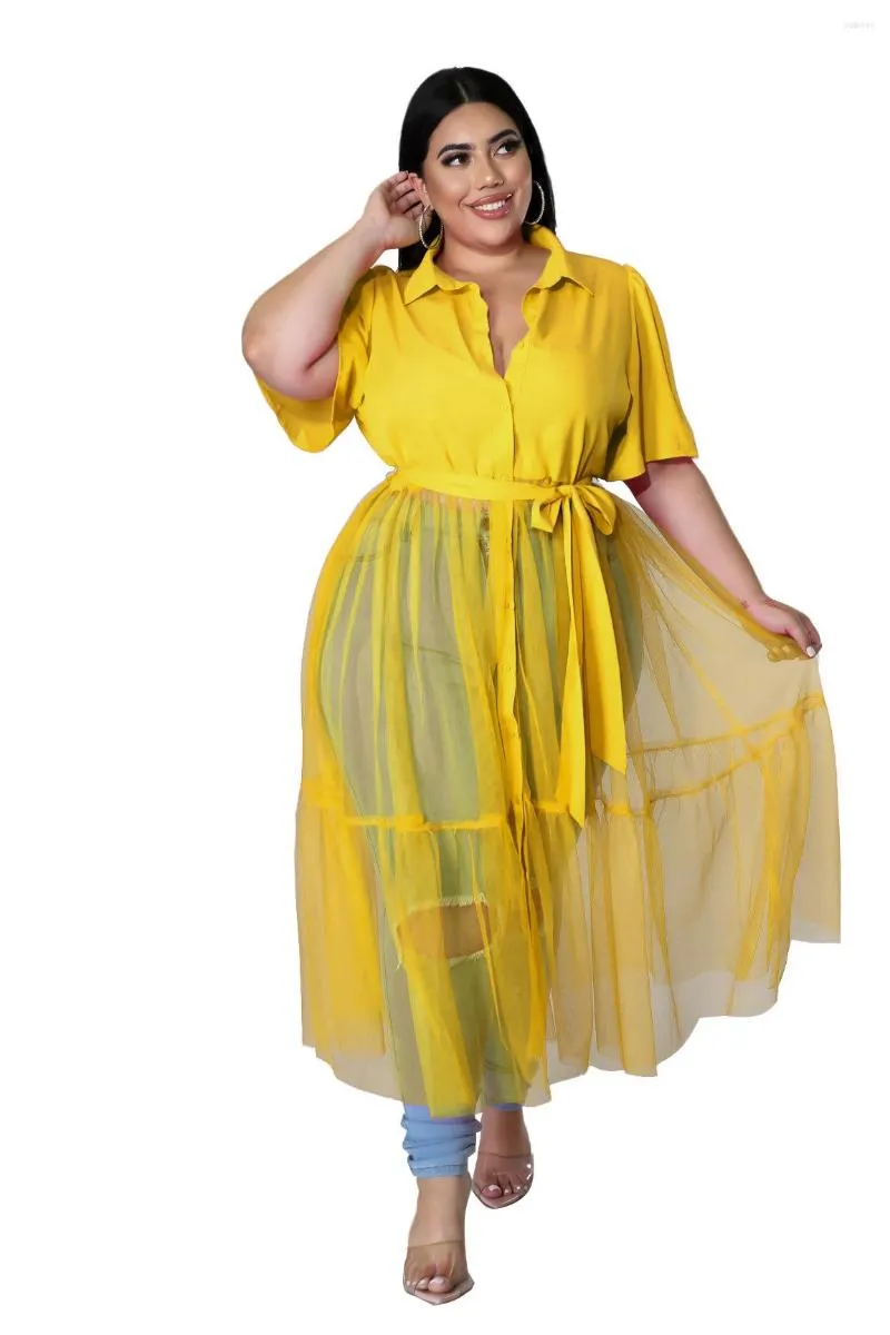 Plus Size Dresses Women 5xl Dress Mesh Patchwork Blouse 2023 Summer Belt Gown Fashion Party Robe Outfit Wholesale Clothes