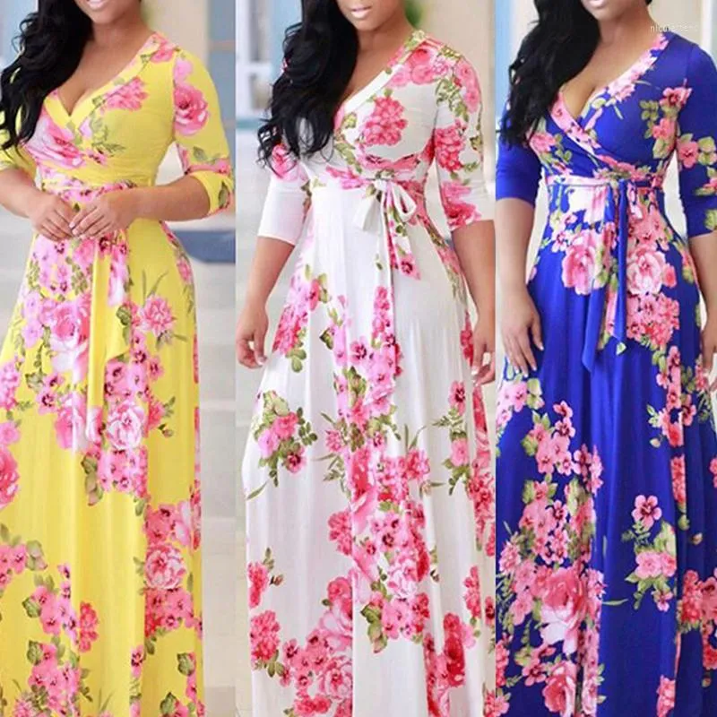 Sukienki swobodne Plus Size długie sukienka Maxi Elegancka druk przyjęcie w szyku wiosennym rękawem