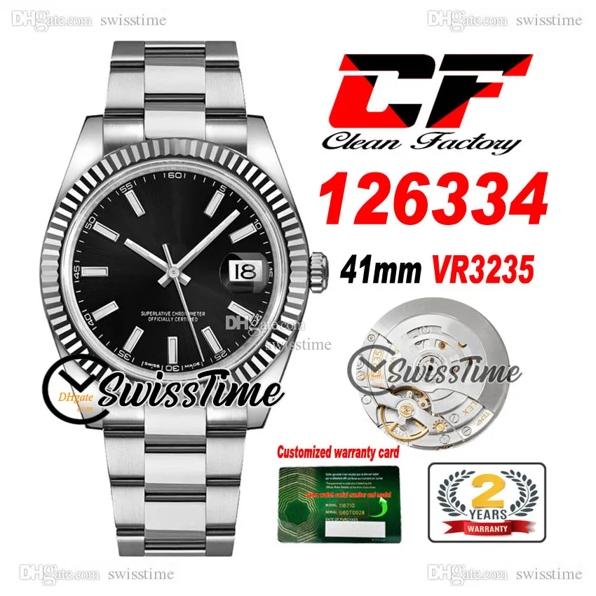 Temiz CF 126334 Tarih VR3235 Otomatik Erkekler İzle Kaçan Çember Siyah Çubuk Dial 904L Çelik Oystersteel Bilezik Süper Edition Hediye Aynı Serail Card Swisstime I9