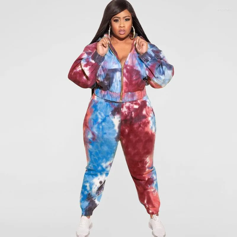 Chándales de talla grande conjuntos de dos piezas Tie Dye chaqueta y pantalones Sexy mujer ceñido al cuerpo traje 2023 otoño chándal ropa de moda femenina