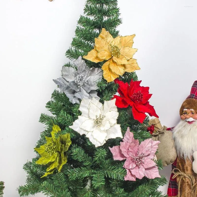 Decoratieve bloemen Kerstcadeau Party Supplies Decor Kerstmis Boomdecoraties Fake Flower Artificial Glitter Poinsettia