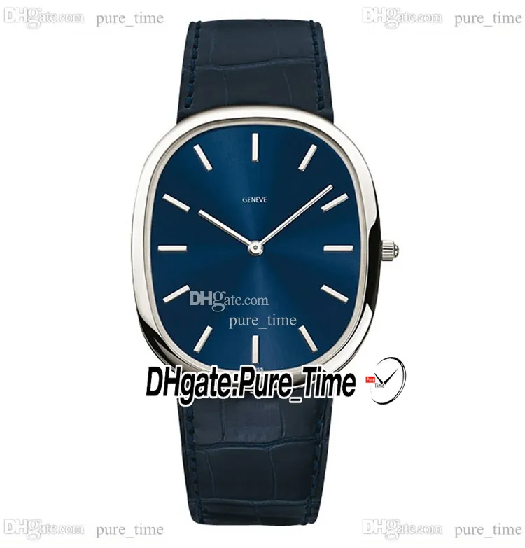 35.6mm gyllene ellipse 9015 Automatisk herrklocka 3738/100p blå dial stålfodral Stick Markers Blue Leather Strap Gents Watches Puretime PTPP E261A 1