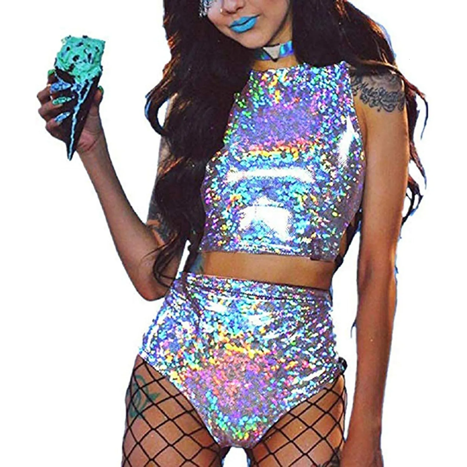 Women's Two Piece Pants Women Rave Holographic Bodysuit Mini 2Pcs Hologram Metallic Crop Top and Shorts Outfits for Dance Party Clubwear 230106