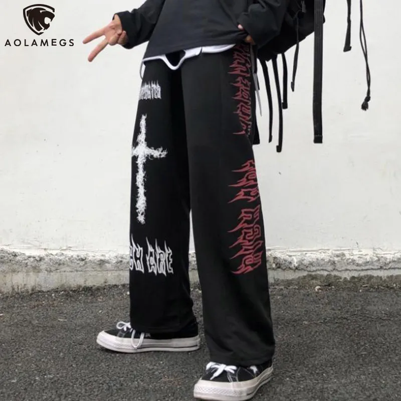 Calça masculina aolamegs homens góticos góticos japoneses casuais calças de moletom graffiti anime punk hippie de perna larga perna harajuku high street streetwear 230105