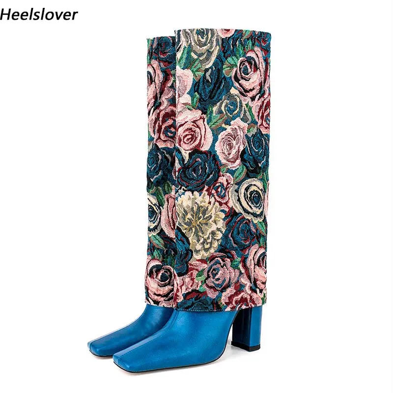 Heelslover Stivali al ginocchio invernali da donna fatti a mano Fiori Tacchi grossi Punta quadrata Splendide scarpe da festa blu rosse Donna Taglia USA 5-13