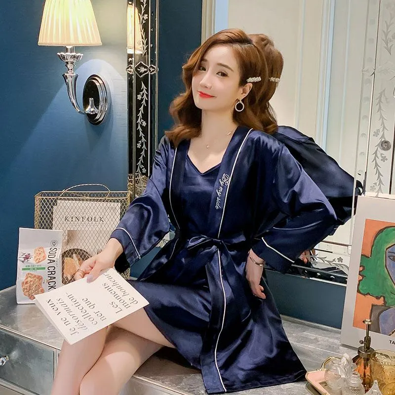 Women's Sleepwear Sexy Stain Robe Set Spring Summer Nightgowns Bathrobe Women Pajamas Bath Silk Womens Dress Clothes