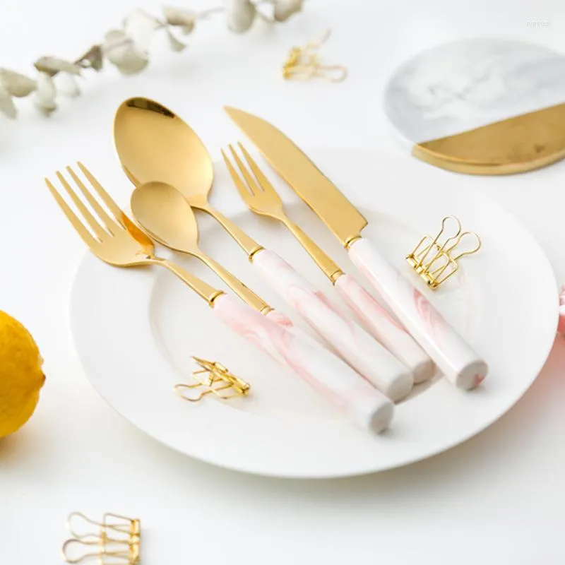 Dinnerware Sets Western Ceramic Set Stainless Steel Knife Christmas Tableware Grey Dessert Scoop Pink Steak Fork 5pcs/set