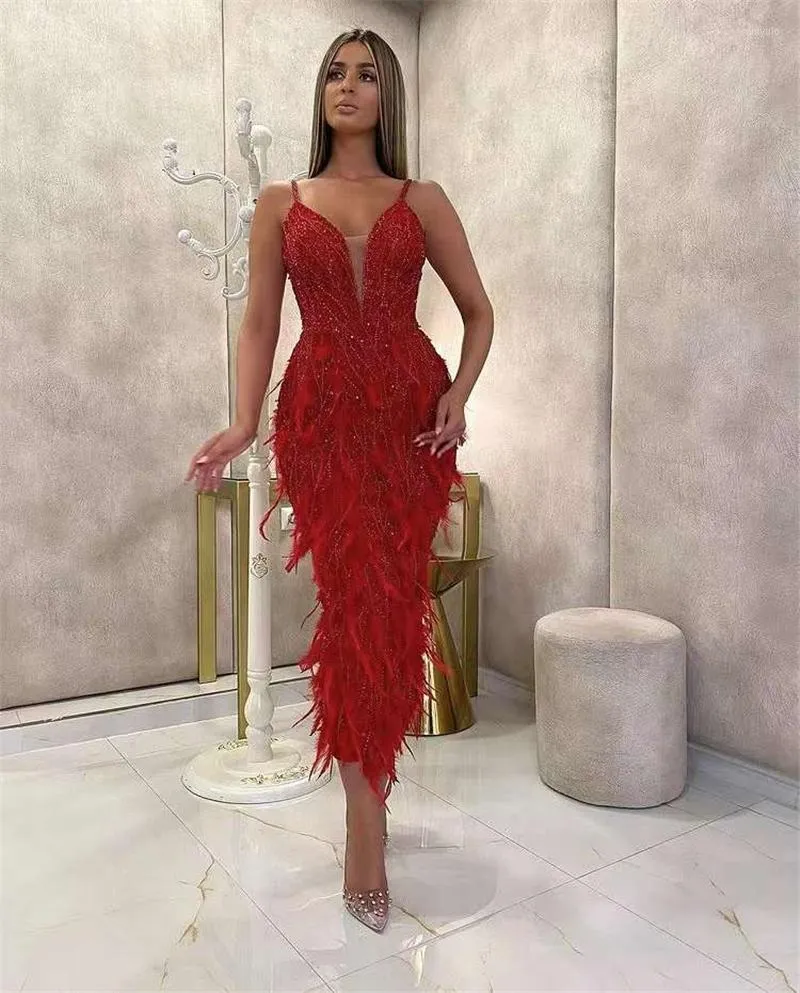 Casual Dresses 2023 Top Quality Women Spaghetti Strap Elegant Red Sexy Dress Real Feather Evening