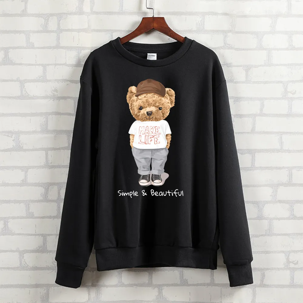 Sweats à capuche pour femmes BLINGPAW Teddy Bear Make Life Simple Beautiful Imprimé Unisexe Sweat à col rond Mélange lourd Lâche à manches longues Vêtements d'automne 230105