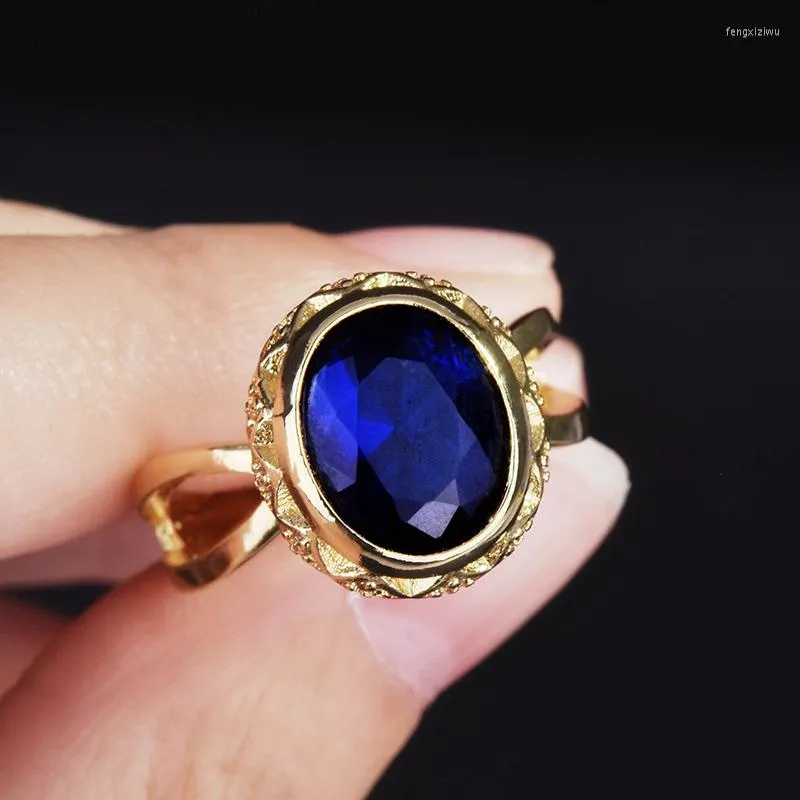 Anneaux de mariage de luxe rétro plaqué or cristal ovale pour femmes brillant bleu CZ pierre incrustée bijoux de mode cadeau de fête élégant