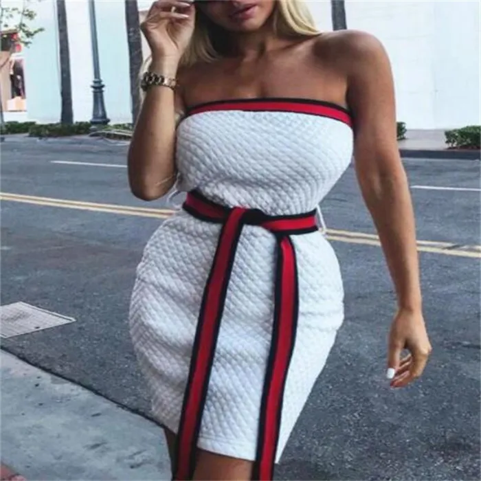 Summer Tight Dress Women Fashion Tube Top Sexy Stretch Slim Belt Dresses Ladies Striped Tank Dress