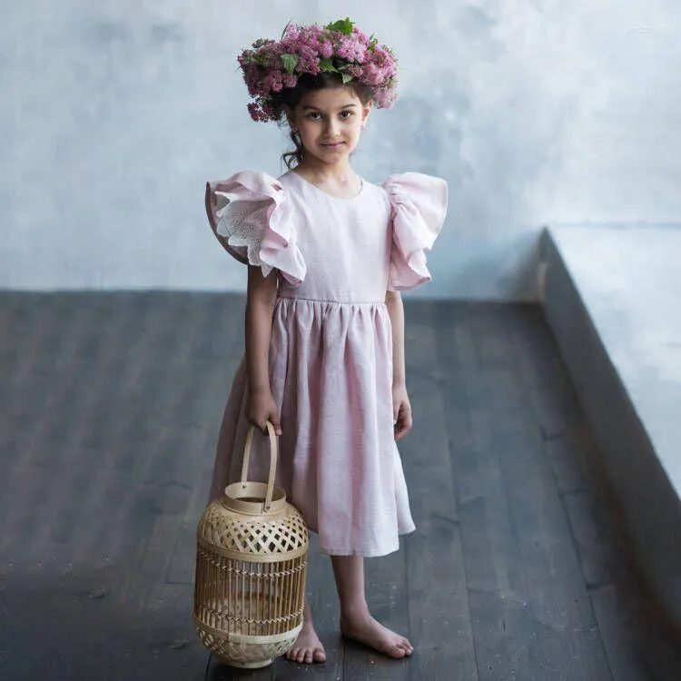 Meisjesjurken zomer meisjes casual jurk prinses katoen linnen korte mouw kanten vaste rug dwars riem recht geplooide kinderen doek