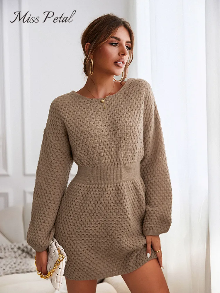 Pulls pour femmes Miss Petal Honeycomb Knit Brown Robe Femme Casual Manches longues 2023 Automne Hiver Pulls Vêtements d'extérieur 230105