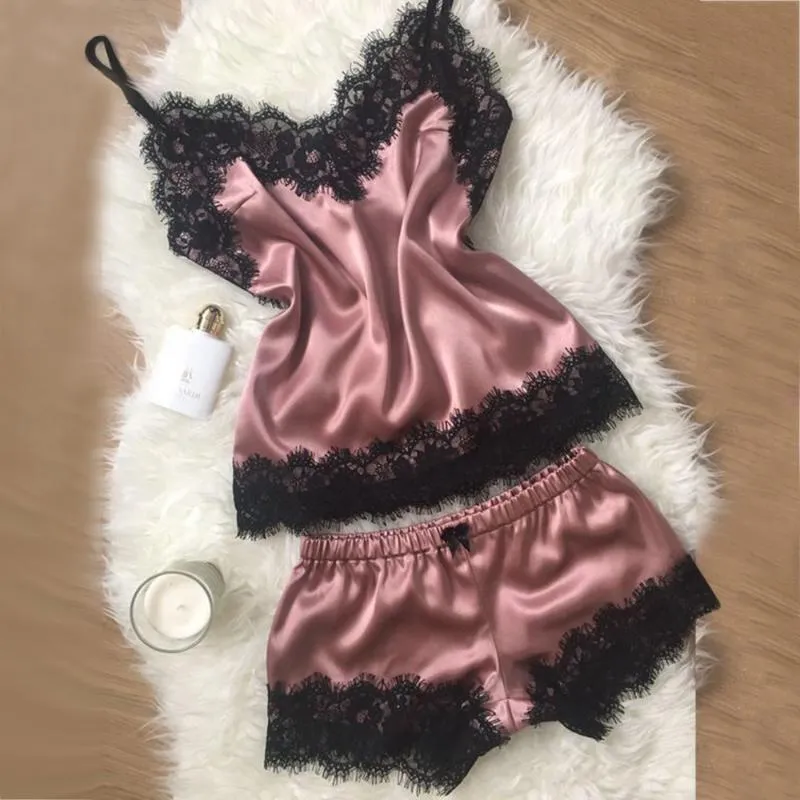 Kadın pijama 2pc kadınlar ev aşınma setleri seksi dantel iç çamaşırı babydoll nightwear saten kamosole şort pijama femme 2023