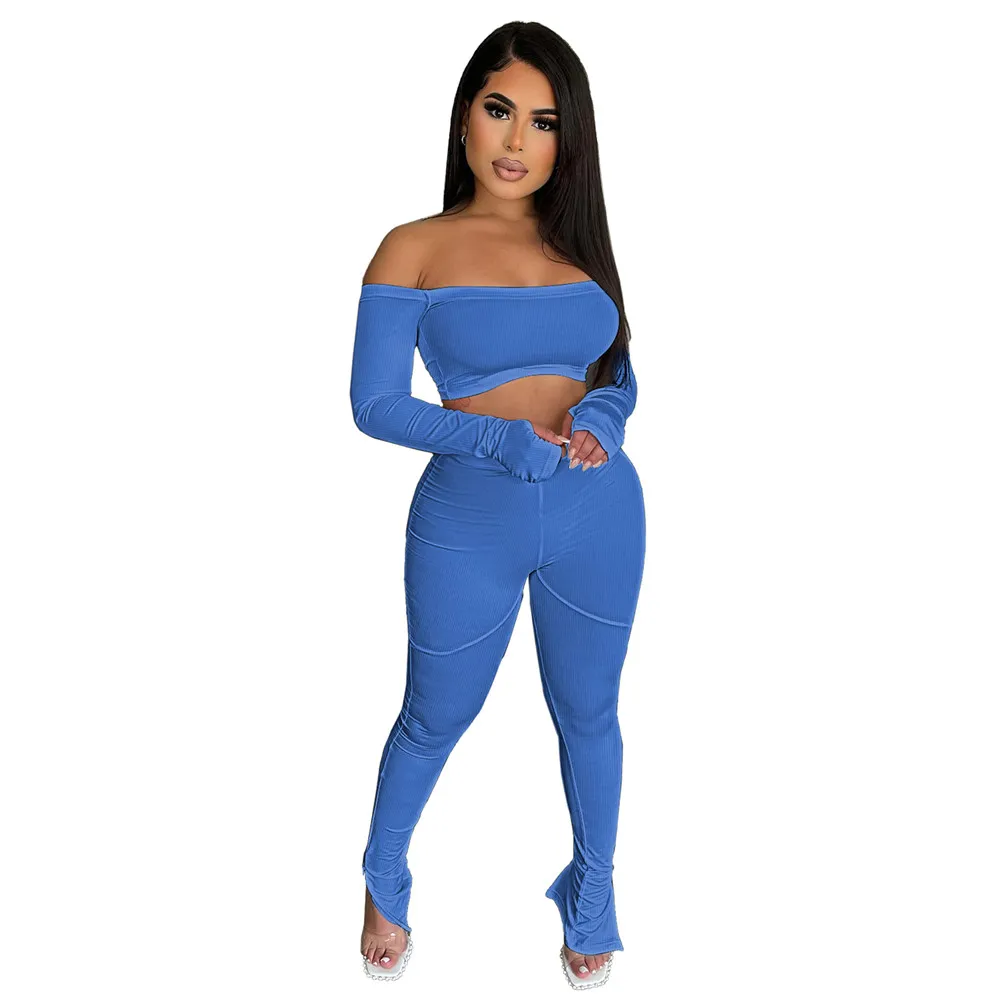 Tute all'ingrosso Donna Completi a due pezzi Autunno Inverno Completi a costine Manica lunga Slash Neck Pullover Crop Top e pantaloni Set coordinati Casual Tute sportive solide