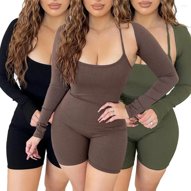 Women's Tracksuits Sexy Knitted Backless Playsuit 2 Piece Sets Women Long Sleeve Crop Top And Halter Strapless Bodycon Short Jumpsuit 2023