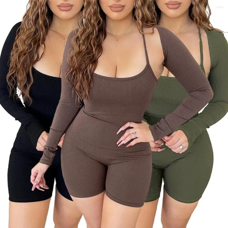 Kadınların izleri seksi örgü sırtsız playsuit 2 parça set kadınlar uzun kollu mahsul üst ve yular askısız bodycon kısa tulum 2023