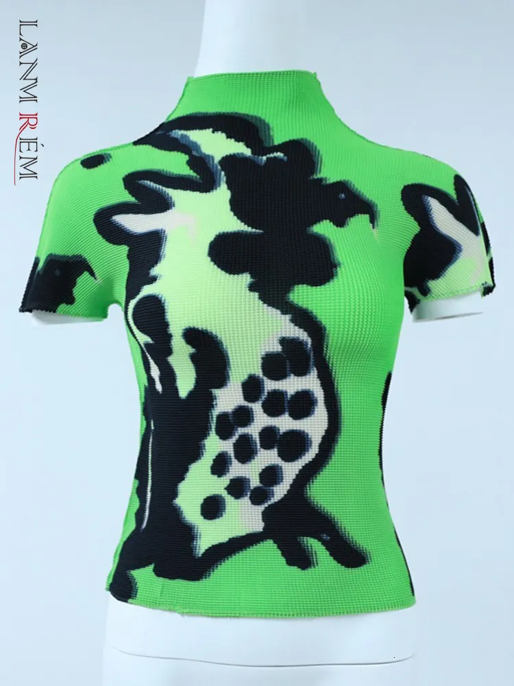 Women s T Shirt LANMREM Pleated Top For Women 2023 Summer Printed Half High Collar Elastic Fabric Short Sleeve T shirt Famale Fashion YJ783 230105
