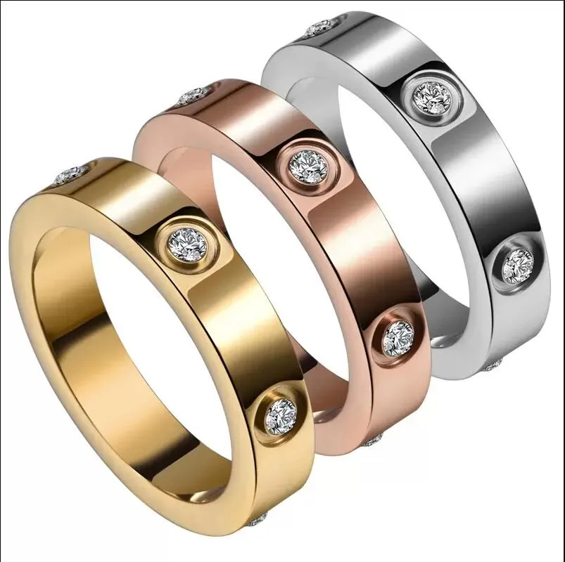 Designerring mit 6 Diamanten, Titanstahl, Liebesbandring für Männer und Ringe für Frauen, Schmuck, Paargeschenke, Größe 5–11