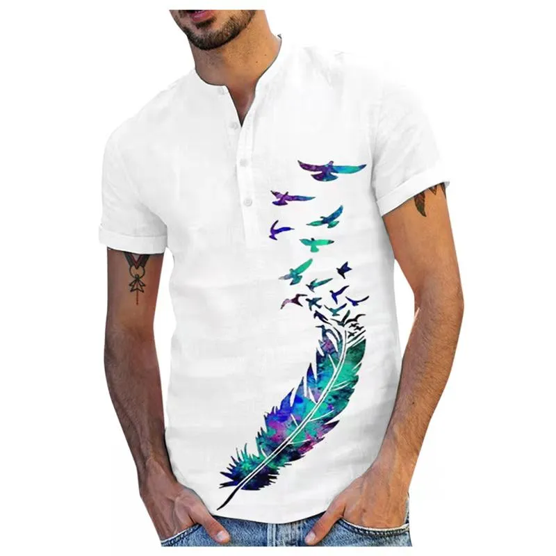 Chemises décontractées pour hommes Fashion Plus Siz Shirt Hommes Blouse Sexy Summe Stand Pulls à manches courtes Top Bird Feather Print Tees Vêtements pour hommes