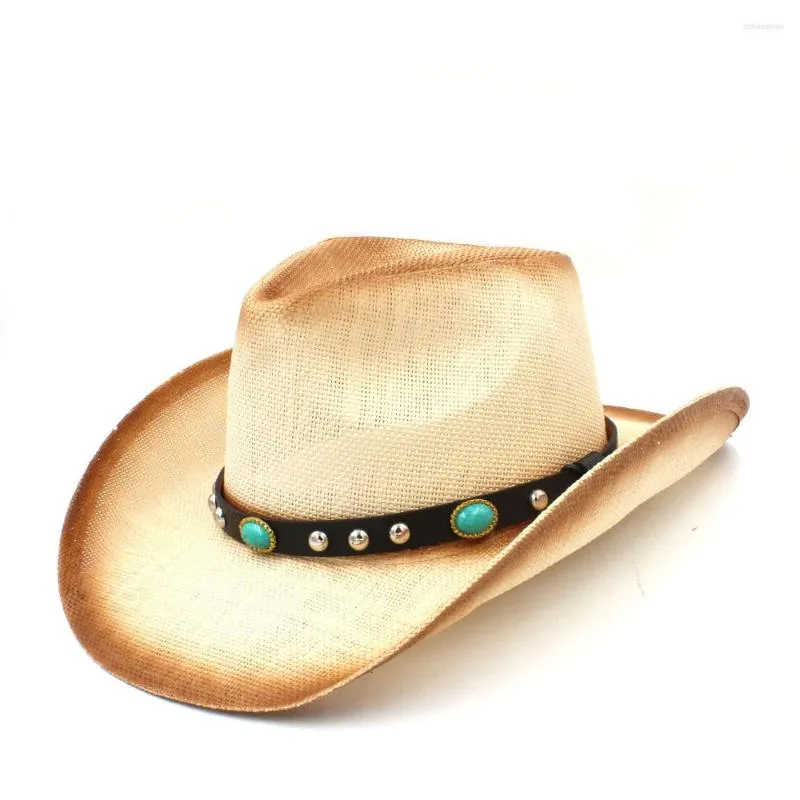 Basker kvinnor män halm cowboy hatt med punk läderband för lady pappa western sombrero hombre cowgirl jazz caps storlek 58 cm
