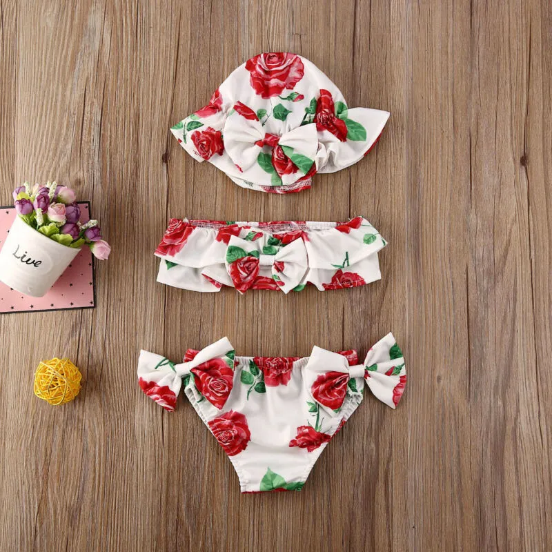 s 0 24 Months born Girls Swimsuits 3pcs Set Summer Baby Girl Bikini Red Blue Floral Print Swimsuit Swimming Suit 230106