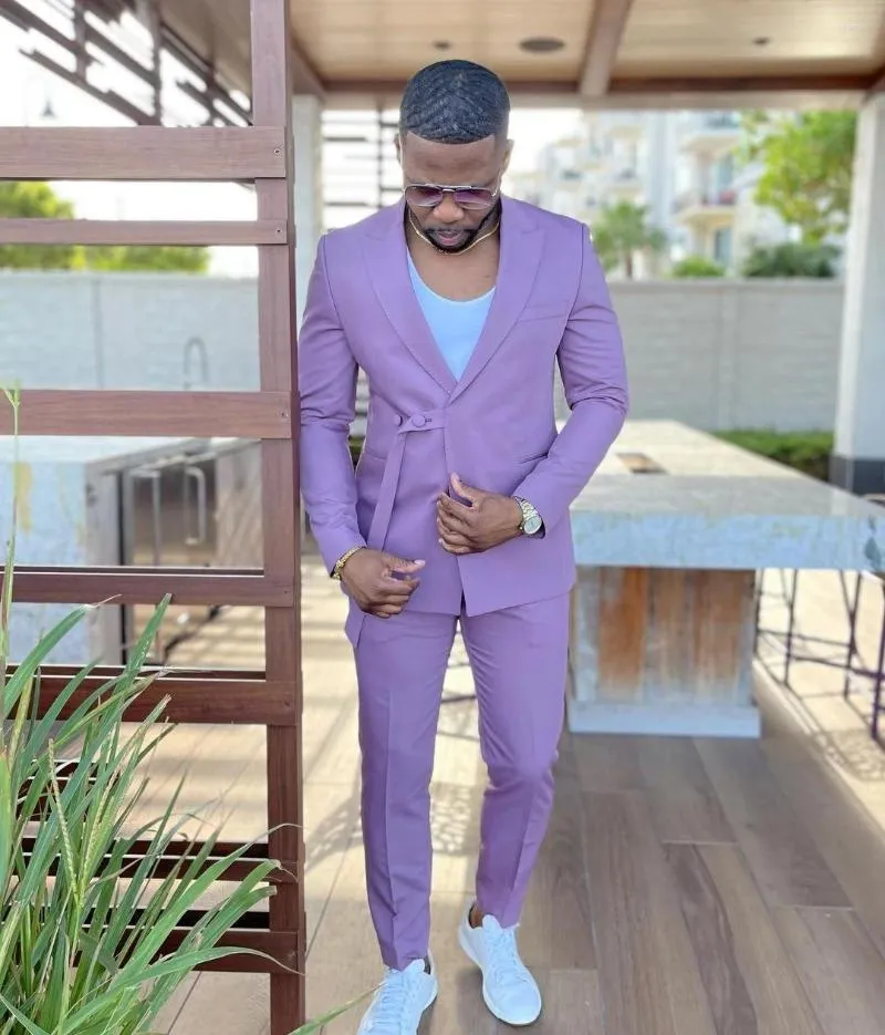 Men's Suits Streetwear Light Purple Slim Fit Men With Belt 2 Pieces Wedding Groom Prom Terno Masculino Custome Homme Tuxedo Blazer