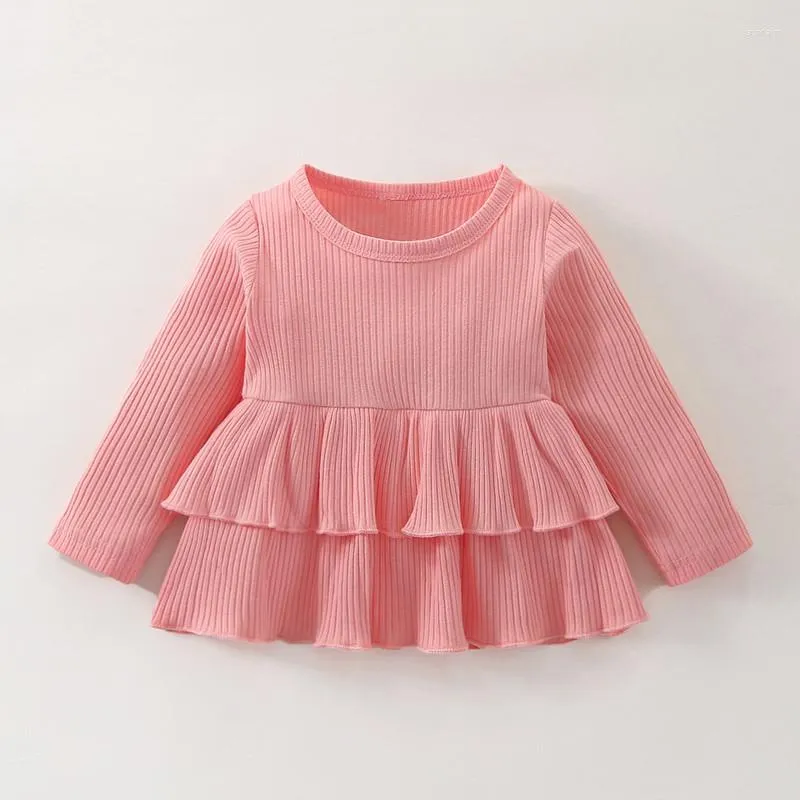 Robes pour filles, tenue superposée côtelée, vêtements d'automne et d'hiver pour bébés filles, couleur unie, col rond, manches longues