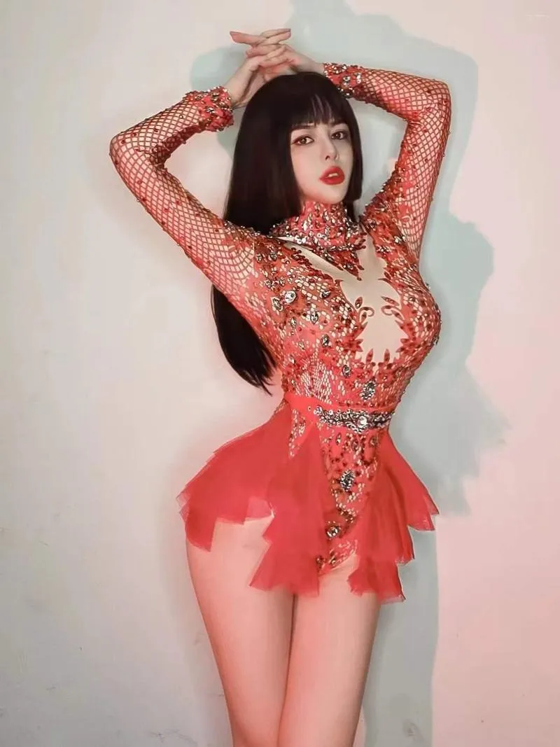 Palco desgaste drag queen bodysuits dança malha collant mulheres manga longa vermelho strass estiramento um tamanho aniversário