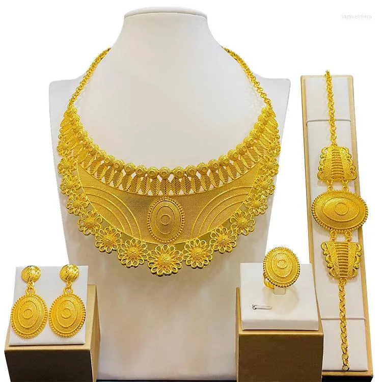 목걸이 귀걸이 세트 여성용 Liffly Dubai Gold Color Jewelry 나이지리아 신부 웨딩 브레이슬릿 파티 액세서리