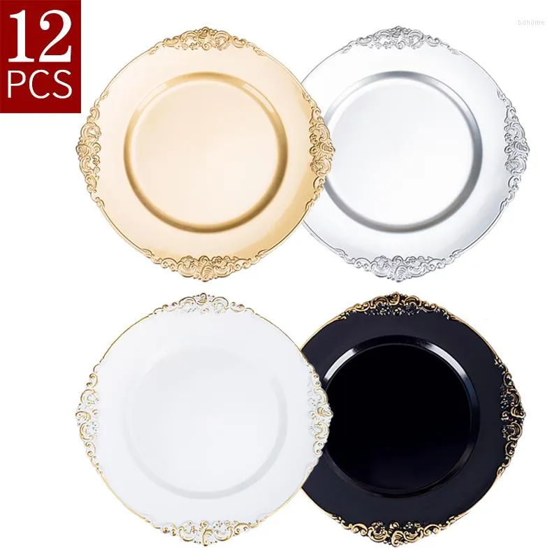 Plates Round Plastic Black White Silver Gold Rim Charger For Wedding Reception Dinner Set Decoration Luxury Decorative Wholesale