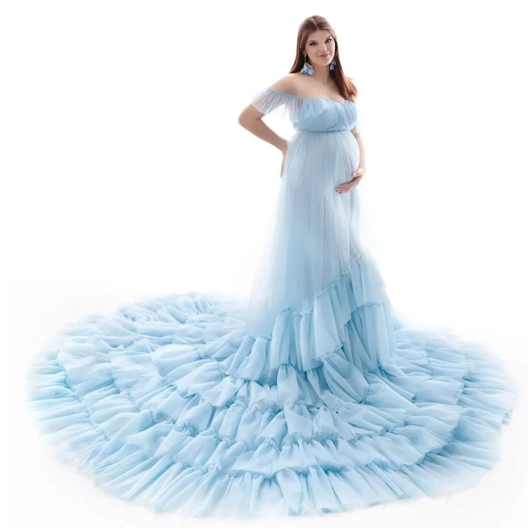 Abiti premaman blu cielo per baby shower Ruffles Train Pregnant Photoshoot Mesh Prom Dress Gravidanza Women Maxi Gown