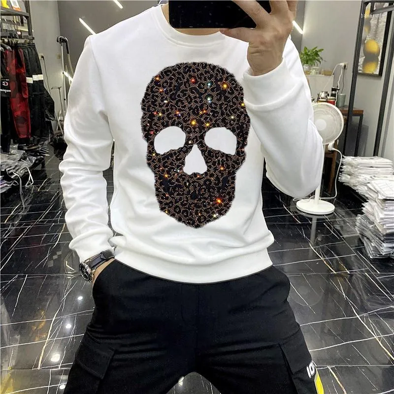 Men's Hoodies 2023 Winter Shiny Black Skull Hoodie Diamond Top Plus Velvet Sweatshirt Fall Round Neck Oversized Pullover
