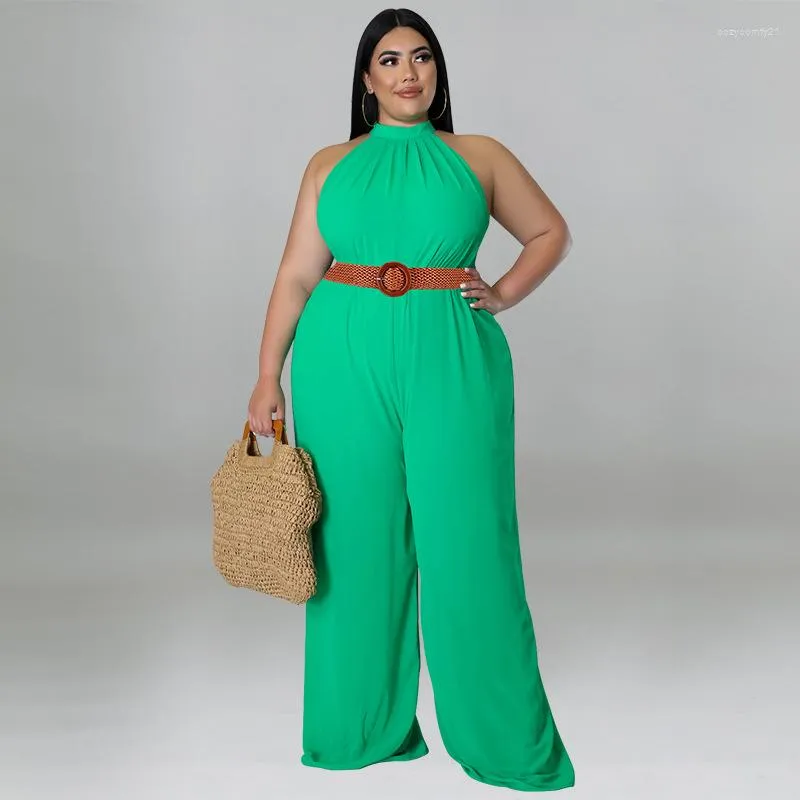 Pantalon grande taille pour femmes, combinaison 5xl, couleur unie, col licou, tenue une pièce, mode Club, été, jambes larges, vente en gros, 2023