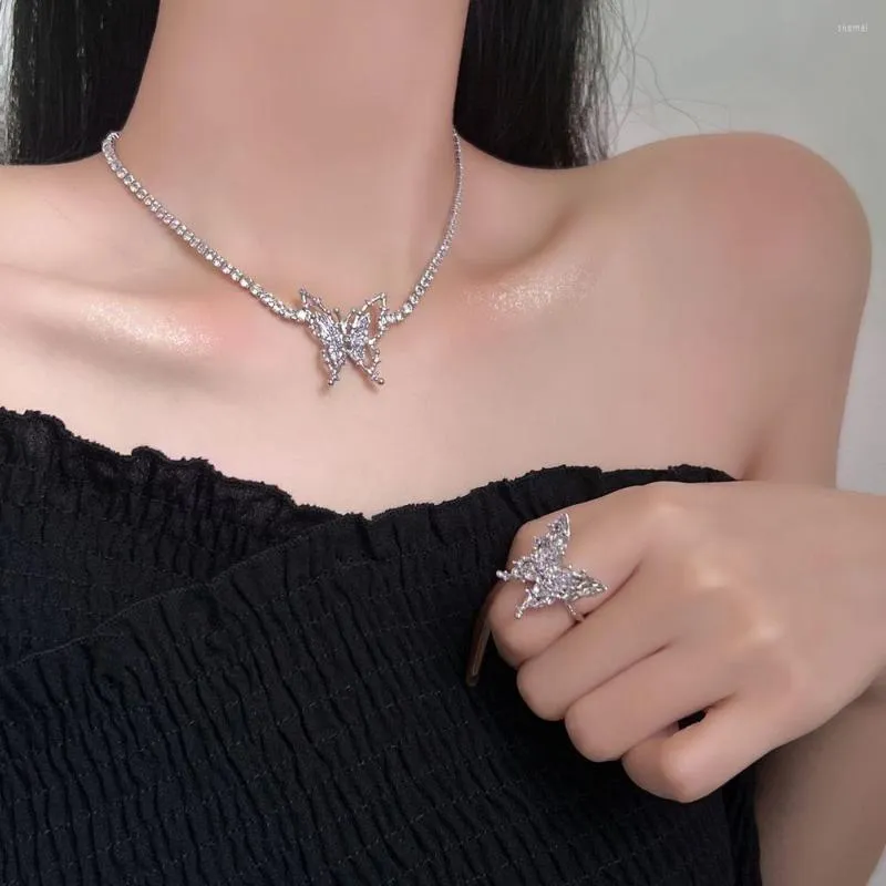 Choker Y2K Rings Butterfly Clavicle Chain Crystal Women Finger Buckle Purple Zircon Necklace Korean Style Sweater