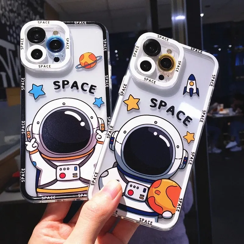 Doux Astronaute Mignon étuis pour iphone 14 13 12 11 Pro Max X Xs XR Max 7 8 Plus SE Antichoc Silicone Couverture Transparente