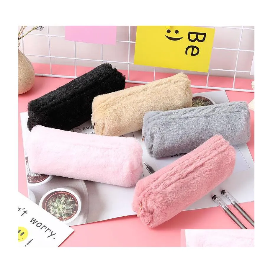 Pencil Bags Box Cute Solid Color Plush Case For Student Bag Stationery Pencilcase Kawaii School Supplies Vt0080 Drop Delivery Office Dhtxb