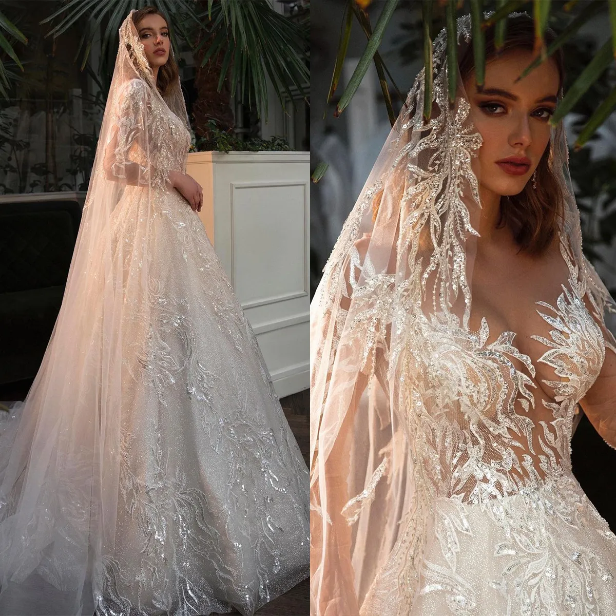 Eleganti abiti da sposa a trapezio Bateau maniche lunghe con richiedente e paillettes abito di corte a vita alta abito da sposa taglie forti su misura vestidos de novia