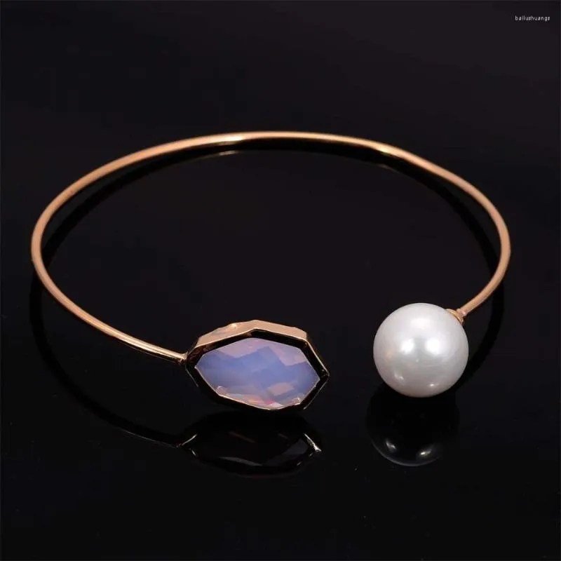 Bangle Miasol Trendy Designer Simple Crystal and Pearl Golden Instelbare Fashion Women Girls Party Braccial armbanden sieraden